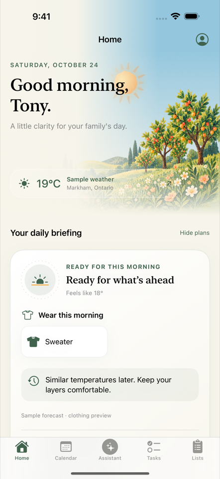 Familing Home preview showing illustrated weather and a daily briefing with clothing and packing suggestions.