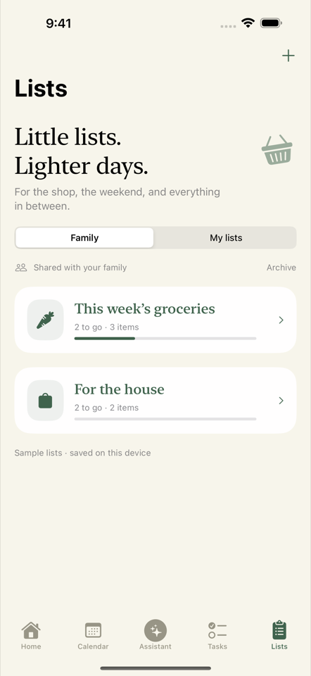 Familing Lists preview with sample grocery and household lists.